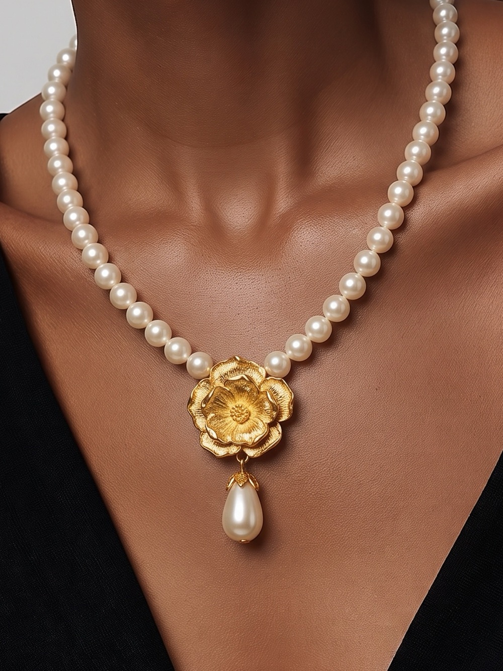 Vintage 1994 Avon "Summerset"  Convertible Faux Pearl & Gold Floral necklace